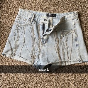 denim rhinestone fringe shorts